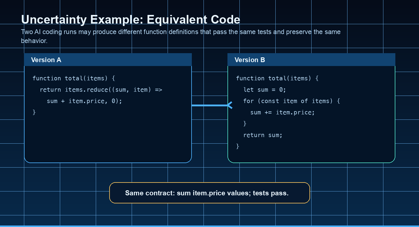 Uncertainty example showing two functionally equivalent AI coding agent outputs
