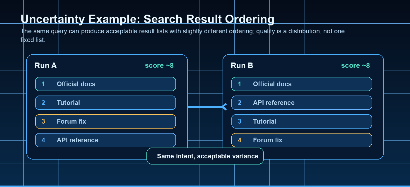 Uncertainty example showing two acceptable search result orderings
