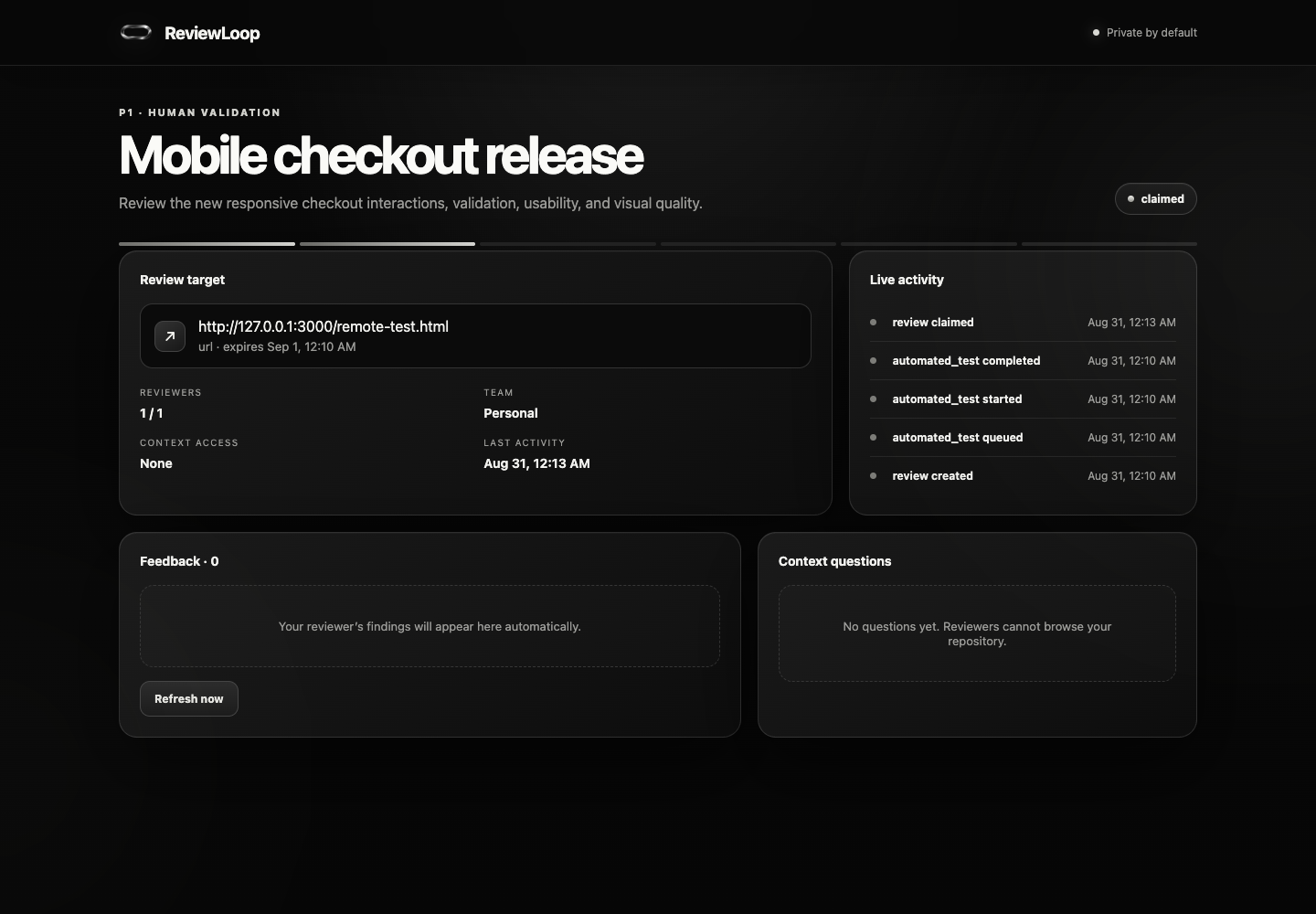 ReviewLoop developer status page showing a claimed request and live activity