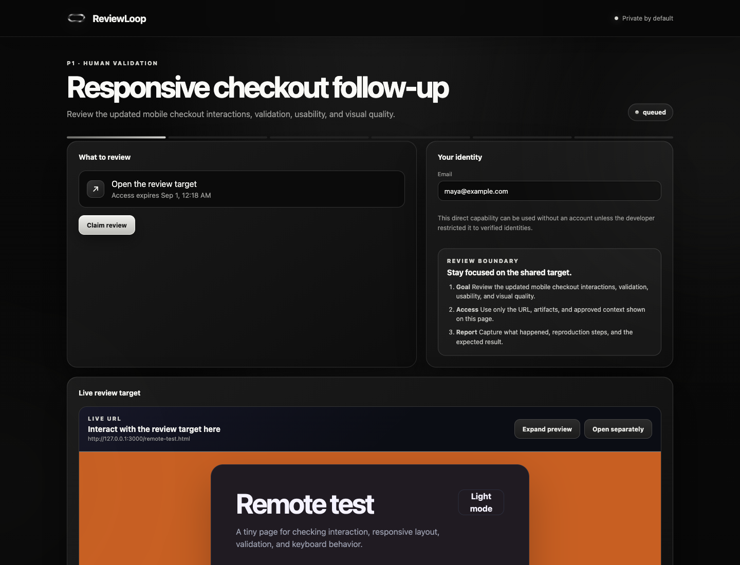 ReviewLoop reviewer workspace with live local website embedded and AI suggested findings